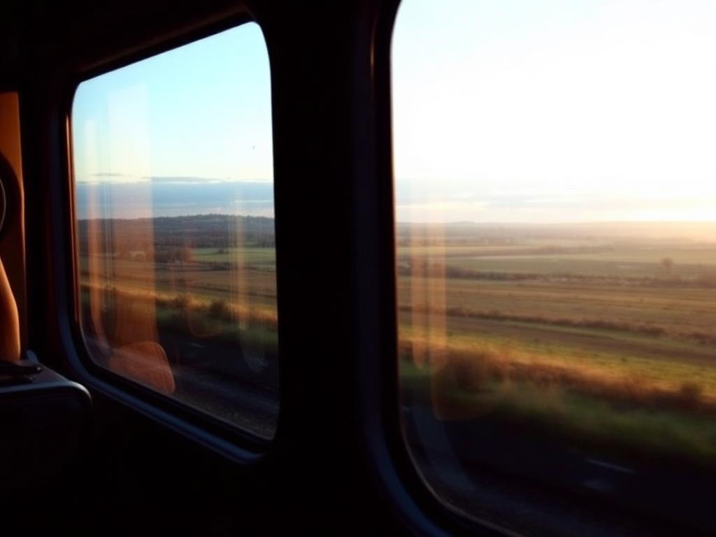 View of countryside from a train window at golden hour