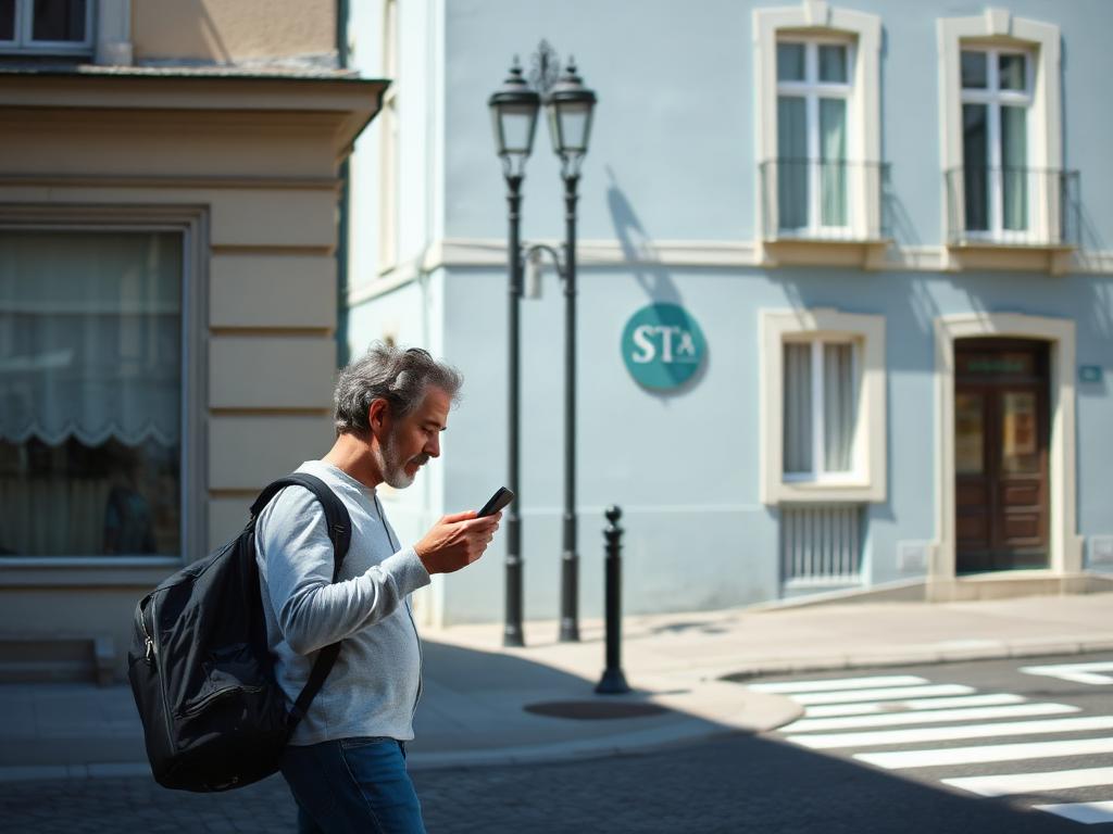 Traveller checking a phone on a city street