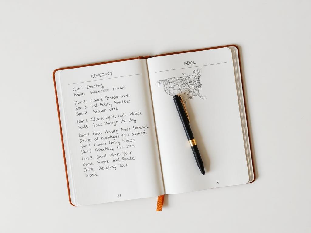 Handwritten day-by-day travel itinerary in a notebook